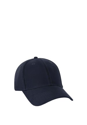 Navy baseball cap with a curved brim and six-panel design. Made of smooth fabric with stitched accents and an adjustable strap at the back.