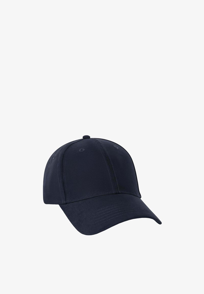 Marineblauer Baseballcap mit gebogenem Schirm und sechsteiligem Design. Hergestellt aus glattem Stoff mit gesteppten Akzenten und einem verstellbaren Riemen auf der Rückseite.