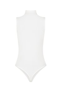 Vit ärmlös bodysuit med hög hals. Har en slät yta, figurnära design och en tanga-style bakutskärning.