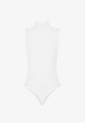Witte mouwloze bodysuit met een hoge hals. Kenmerken zijn een soepele textuur, een aansluitend ontwerp en een achterkant in thong-stijl.