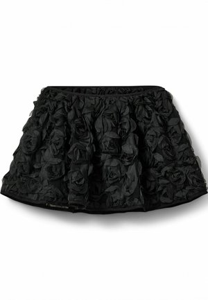 Schwarzer Rock mit einem strukturierten Design aus geschichteten Stoffrosen, einem gerafften Bund und einer ausladenden Silhouette.