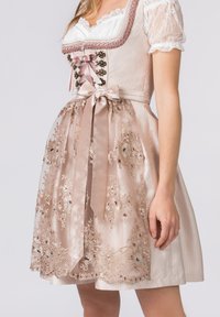 Pink, embroidered dirndl dress with lace sleeves, a fitted bodice, and a flared skirt. Features a satin ribbon and floral accents.