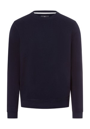 Navyblauwe sweatshirt van zacht materiaal, met een ronde hals, lange mouwen en ribbels aan de mouwen en onderkant. Minimalistisch ontwerp, zonder patronen.