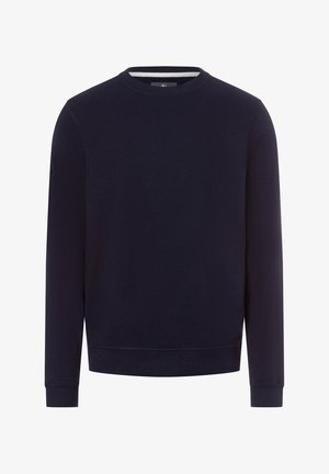 Sweatshirt bleu marine en tissu doux, arborant un col rond, des manches longues et des bords côtes aux poignets et à l'ourlet. Design minimaliste, sans motifs.