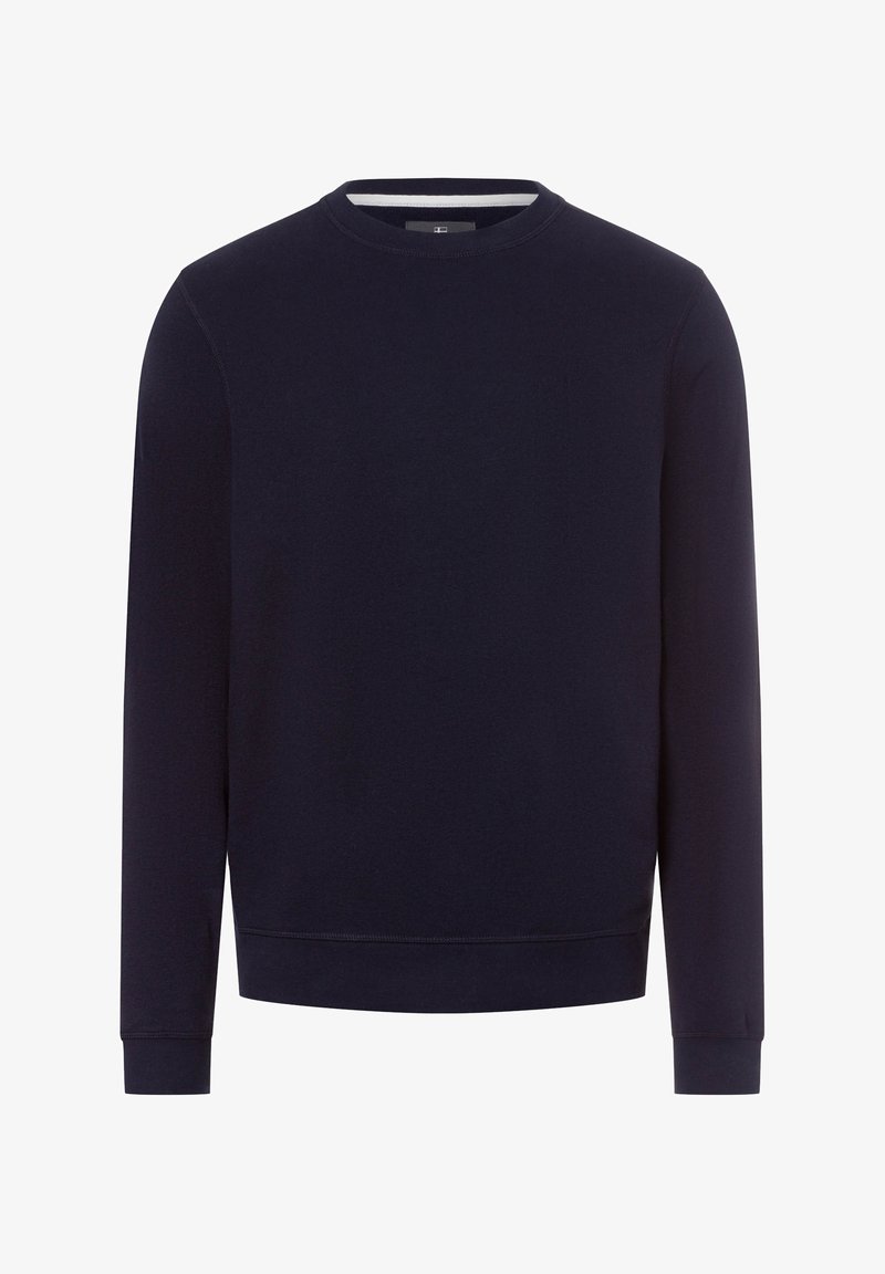 Dunkelblaues Sweatshirt aus weichem Stoff, mit Rundhalsausschnitt, langen Ärmeln und gerippten Bündchen und Saum. Minimalistisches Design, ohne Muster.