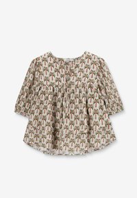 Lichte, crèmekleurige blouse met een palmboomprint in groen en bruin. Ronde halslijn, driekwartmouwen en geraffineerd ontwerp.