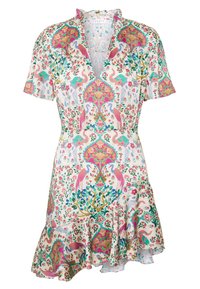 Blumenmusterkleid aus leichtem Stoff, mit kurzen Ärmeln, einem Rüschensaum und einem lebhaften Design in Pink- und Grüntönen.