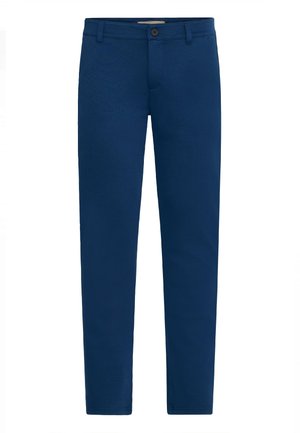 Navy blue chinos with a smooth texture, straight fit, single button closure, belt loops, and front pockets. Fabric has a subtle sheen.