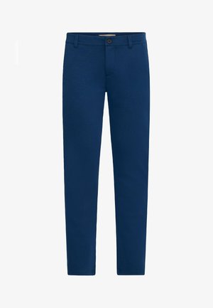 Navy blauwe chino's met een gladde textuur, rechte pasvorm, enkele knoopsluiting, lussen voor een riem en steekzakken. De stof heeft een subtiele glans.
