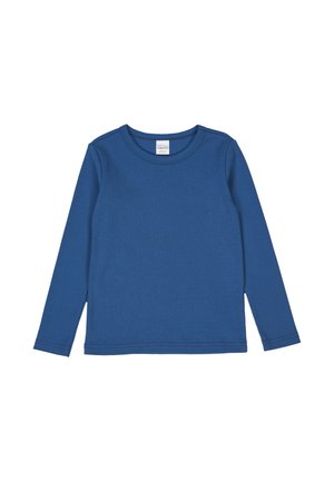 Pitkähihaisen sinisen paidan materiaali on pehmeää puuvillaa. Paidassa on pyöreä kaula-aukko ja sileä pinta, jossa on yksinkertainen ompelu helman ja hihansuiden ympärillä.