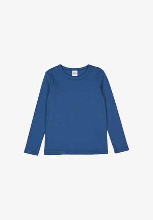 Camicia azzurra a maniche lunghe realizzata in morbido cotone. Presenta un collo rotondo e una texture liscia con cuciture semplici lungo l'orlo e i polsini.