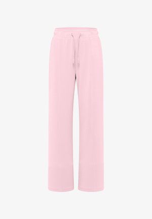 Jasnoróżowe spodnie dresowe z elastycznym pasem, regulowanym sznurkiem, prostymi szerokimi nogawkami i bocznymi kieszeniami.