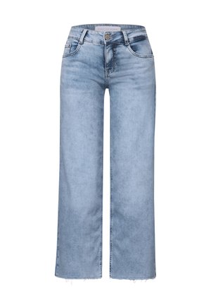 Lysblå vide jeans lavet af denim med en falmet finish, fem-lomme design og rå kant. Indeholder en frontknap og lynlås lukning.