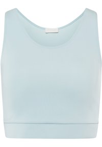 Ljusblå crop top i mjukt material. Har rund halsringning och vida axelband, med en slät och jämn yta samt en figurnära design.