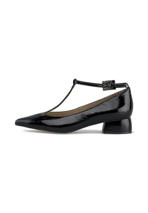 Escarpin en cuir verni noir avec un bout pointu et un petit talon bloc. Il présente une bride de cheville avec une boucle décorative et un design en T.