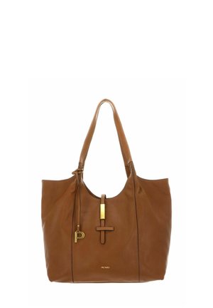 Sac fourre-tout en cuir marron à texture lisse, avec un accent en métal doré et un design minimaliste. Deux longues anses pour le porter.