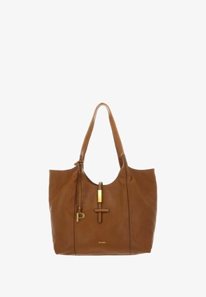 Sac fourre-tout en cuir marron à texture lisse, avec un accent en métal doré et un design minimaliste. Deux longues anses pour le porter.