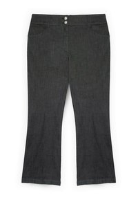 Pantaloni svasati in denim scuro con vita aderente e doppio bottone, quattro tasche e una texture liscia. I bordi sono rifiniti in modo ordinato.