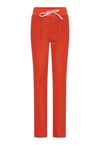 Czerwone bawełniane spodnie z elastycznym pasem, charakteryzujące się gładką teksturą i prostym krojem, idealne na codzienne wyjścia.