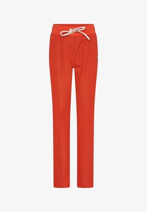 Pantalons en coton rouge avec taille réglable, présentant une texture lisse et un design droit, adaptés à une tenue décontractée.