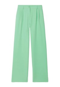 Mintgroene wijde broek met een geplooid ontwerp en een knoopsluiting in de taille. Gladde textuur met een ontspannen silhouet.