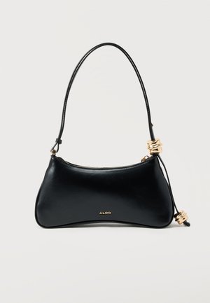 Melnā Aldo plecu soma ar plānu siksnu un zelta akcenta riņķiem siksnas galos, rāvējslēdzēja aizdare un zīmolam raksturīgs logotips priekšpusē.