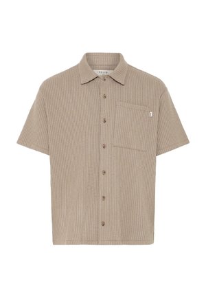 Lühikeste varrukatega beež vahetikandiga nööpidega särk, millel on krae ja rinnatasku, sildiga "ISOLID".