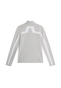 Hellgraue Langarmjacke mit weißen, winkligen Akzenten, hohem Kragen und einer leichten, glatten Textur, von hinten dargestellt.