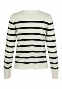 Dzianinowy sweter z długimi rękawami, z poziomymi czarno-białymi paskami. Okrągły dekolt, miękka tekstura i dopasowane mankiety.