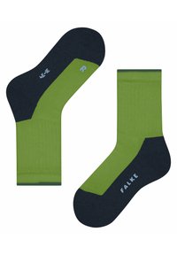 Grüne und marineblaue Socken mit geripptem Struktur. Verfügt über verstärkten Zehen- und Fersenbereich, mit "FALKE"-Logo an der Seite. Design für linken und rechten Socke.
