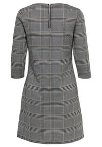 Robe à carreaux grise avec des manches trois-quarts, silhouette structurée et fermeture éclair au dos. Présente une texture avec des motifs à carreaux.