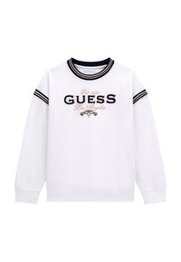 Witte sweatshirt van een katoenmix, met geribde halslijn en boorden, geborduurd "GUESS Los Angeles" logo in marineblauw en beige, relaxte pasvorm.