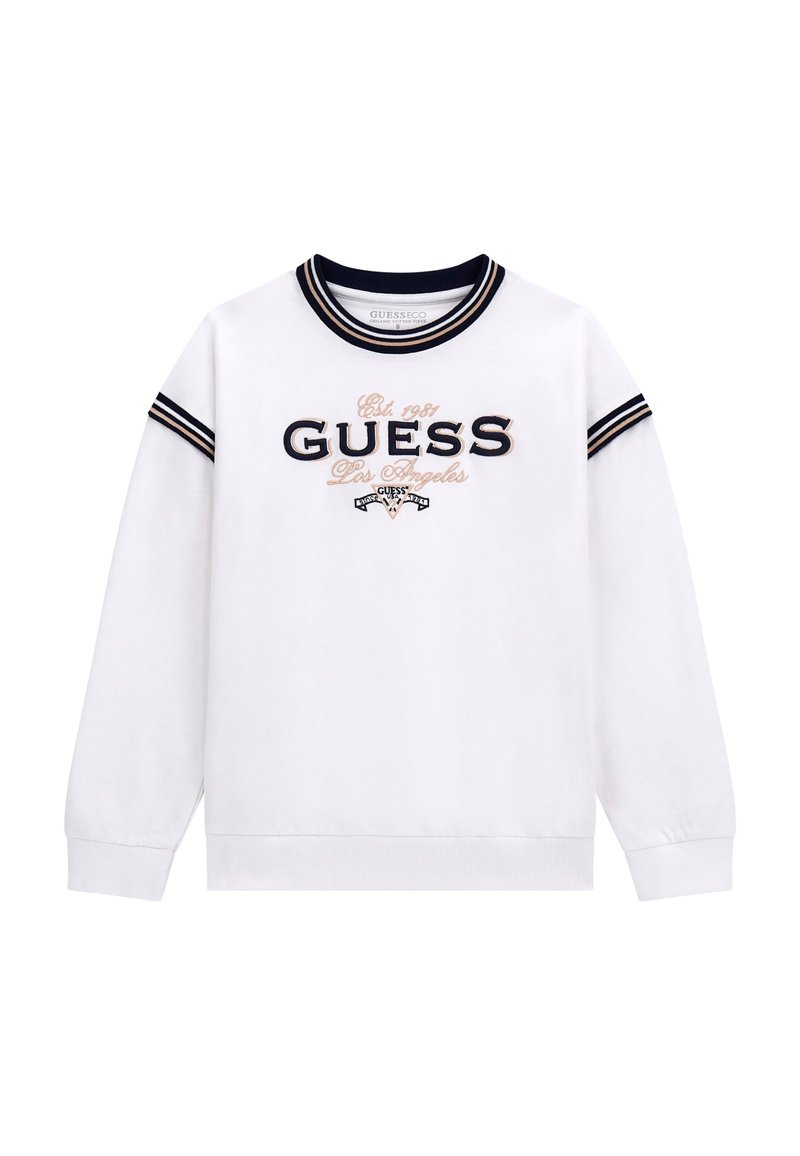 Witte sweatshirt van een katoenmix, met geribde halslijn en boorden, geborduurd "GUESS Los Angeles" logo in marineblauw en beige, relaxte pasvorm.
