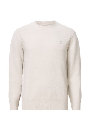 Hellbeige Pullover mit Rundhalsausschnitt, strukturiertem Stoff, gerippten Bündchen und Saum, mit einem kleinen, grauen Logo-Emblem auf der Brust.