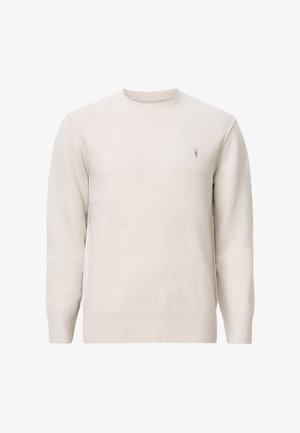 Lichtbeige sweater met een ronde hals, textuurstof, geribbelde manchetten en zoom, met een klein grijs logo-embleem op de borst.