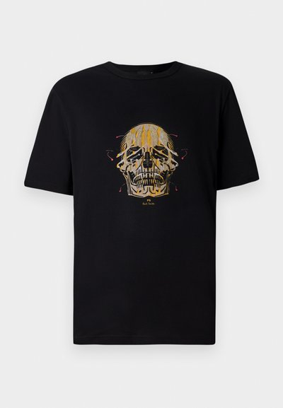 Zwarte katoenen T-shirt met een grafisch ontwerp van een schedel omrand in goud en rood, met ingewikkelde details en een klassieke ronde hals.
