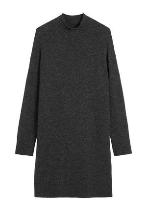 Dunkelgraues gestricktes Kleid mit langen Ärmeln, hohem Kragen, gerader Silhouette und weicher Textur. Keine sichtbaren Muster oder Verzierungen.