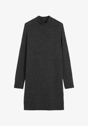 Tumehall villane kleit pikemate varrukatega, kõrge kaelusega, sirge siluetiga ja pehme tekstuuriga. Ilma nähtavate mustrite või kaunistusteta.