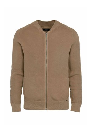 Brązowa sweterkowa kurtka zapinana na zamek z kołnierzem w kształcie opaski i bocznymi kieszeniami, wyróżniająca się gładkim zamkiem błyskawicznym i dopasowanym krojem.