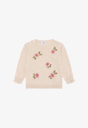 Maglione per bambino a maniche lunghe color beige con applicazioni di fiori rosa lavorati a maglia, bordi smerlati e due bottoni sulle spalle per la chiusura.