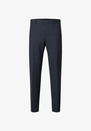 Tumesinine kohandatud püksid, mis on valmistatud tekstuuritud kangast. Omab nööpkinnitust, vöökohakinnitusauke ja sirge lõikega jalgu. Nähtavad taskud puuduvad.