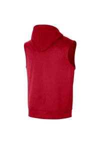 Hoodie sem mangas vermelho com uma textura suave, apresentando um capuz espaçoso e um design liso nas costas. A bainha é ligeiramente canelada para melhor ajuste.