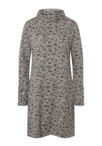 Robe à col boule, à manches longues en tissu texturé, avec un motif abstrait beige et gris, ayant une coupe décontractée qui tombe sous le genou.