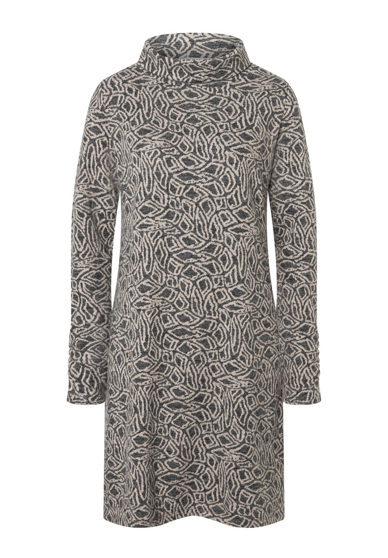 Robe à col boule, à manches longues en tissu texturé, avec un motif abstrait beige et gris, ayant une coupe décontractée qui tombe sous le genou.