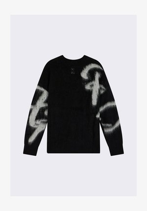 Black sweater with white abstract pattern, made of soft material. Features a round neck, long sleeves, and a small logo at the back.