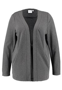 Szary kardigan z teksturowanej tkaniny, z dekoltem w serek, długimi rękawami, otwartym przodem i dwiema bocznymi kieszeniami.