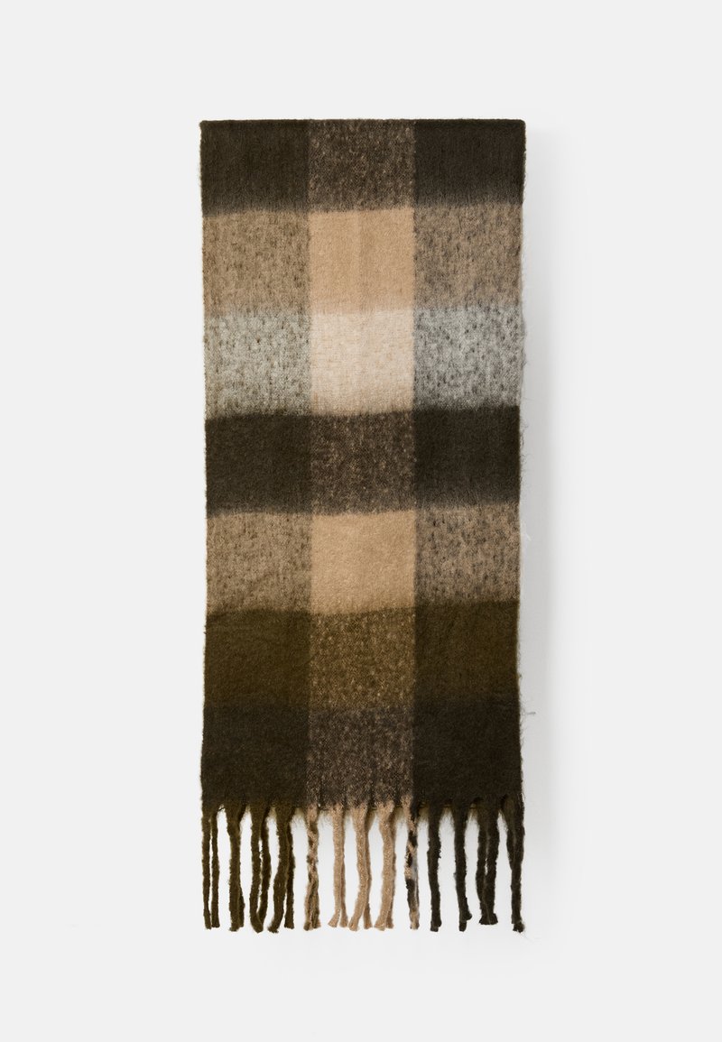 Kockás mintázatú gyapjúsál barna, bézs és szürke árnyalatokban. A rojtos szélek textúrát adnak. Téglalap alakú. Puha, meleg anyag.