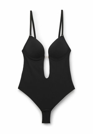 Maillot de bain une pièce noir avec une découpe profonde à l'avant, des bretelles fines réglables et une texture lisse et élégante.