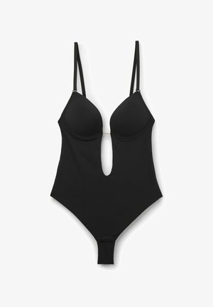 Bañador de una pieza negro con un profundo escote frontal, tirantes delgados ajustables y una textura lisa y elegante.