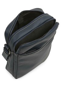 Bolso de piel azul marino con dobles cremalleras, que presenta una textura suave y acentos de costuras claras. El interior es de tela oscura. Incluye una correa ajustable.